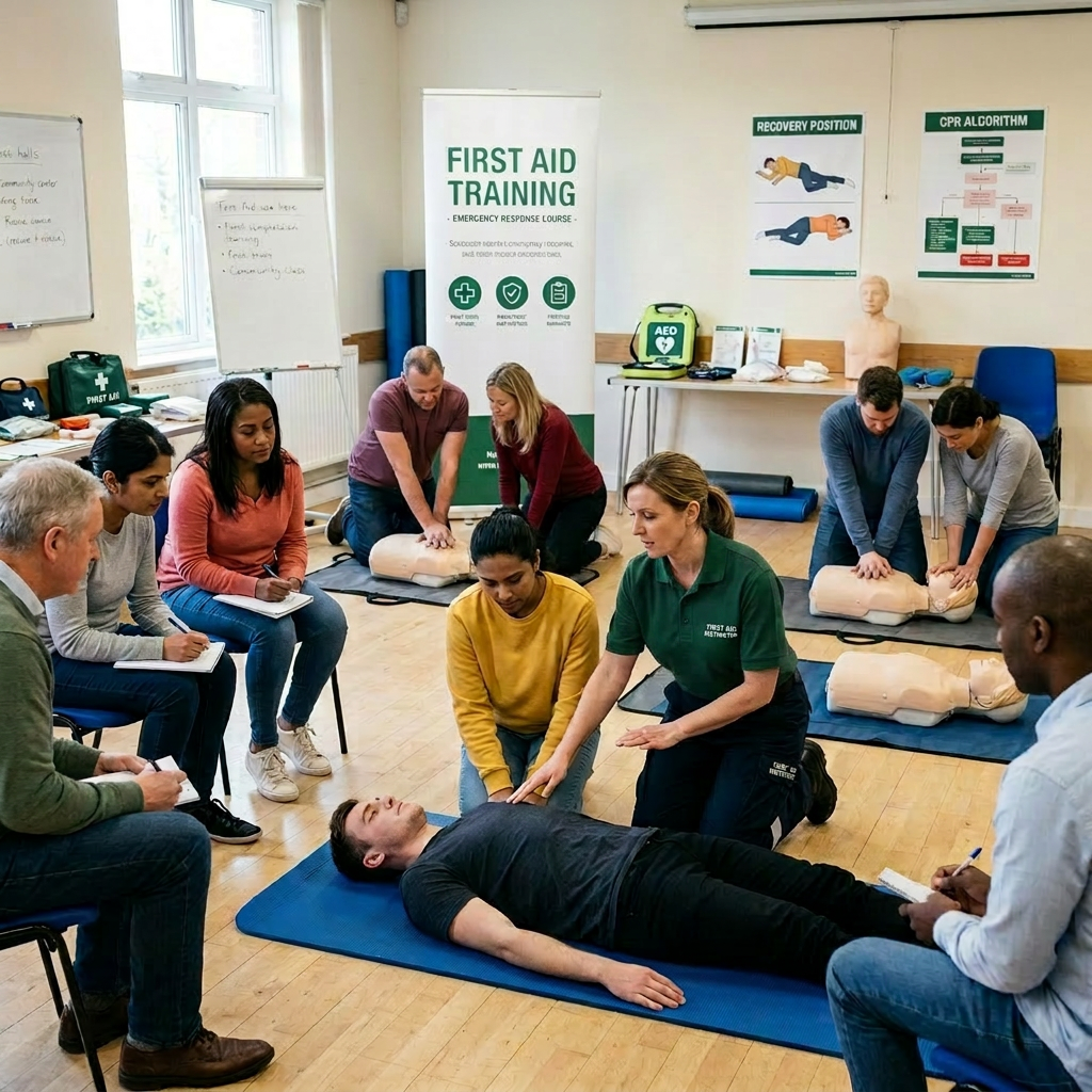 Instructor guiding a student in CPR chest compressions on a manikin while others observe and practice CPR on manikins